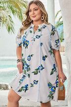 White Plus Size Floral Short Puff Sleeve Contrast Tie V Neck Dress