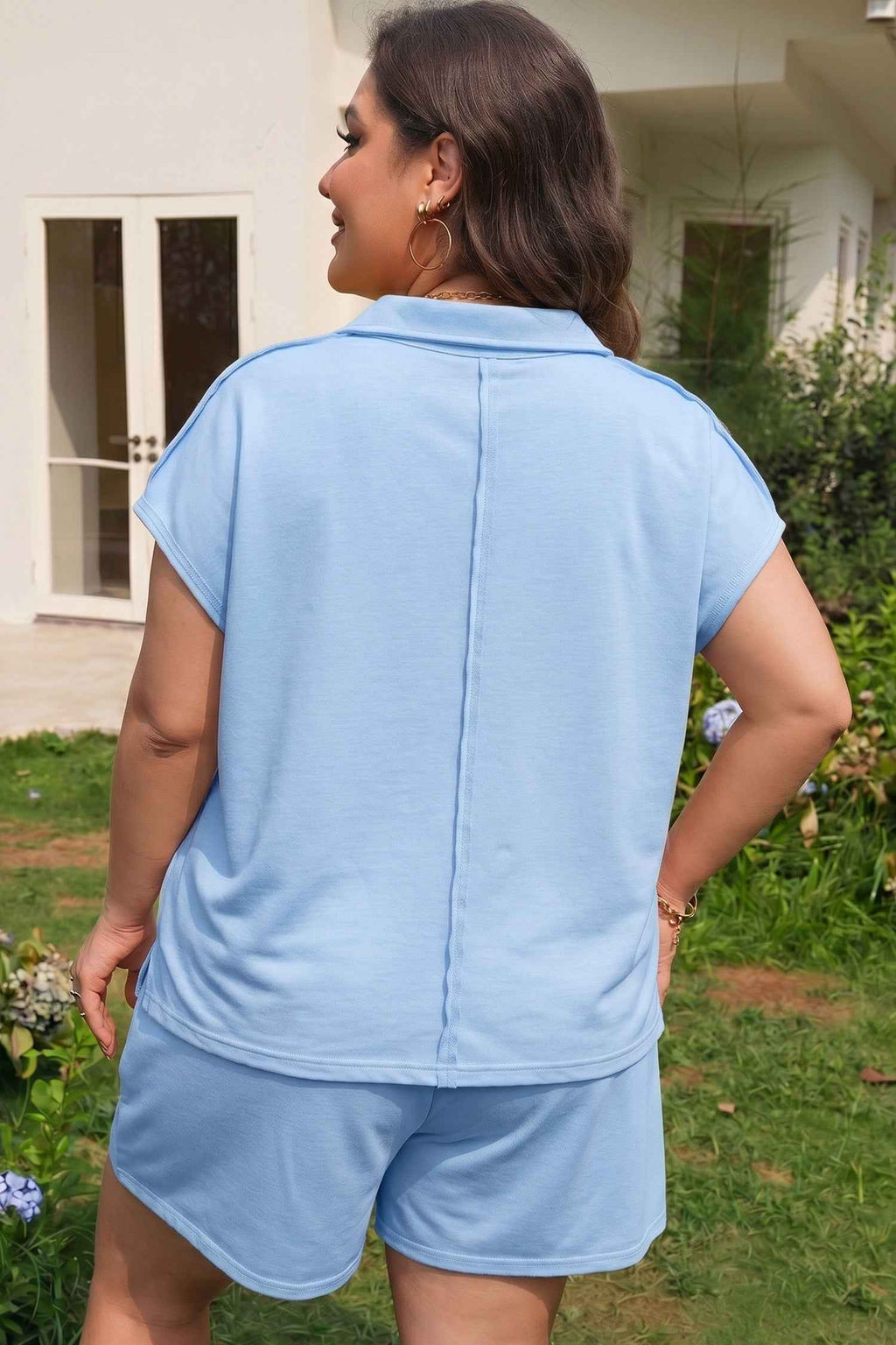 Mist Blue Solid Color Polo Tee Elastic Waist Shorts Plus Size Outfit