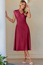 Red Dahlia Solid Color V Neck Pleated Flared Midi Dress