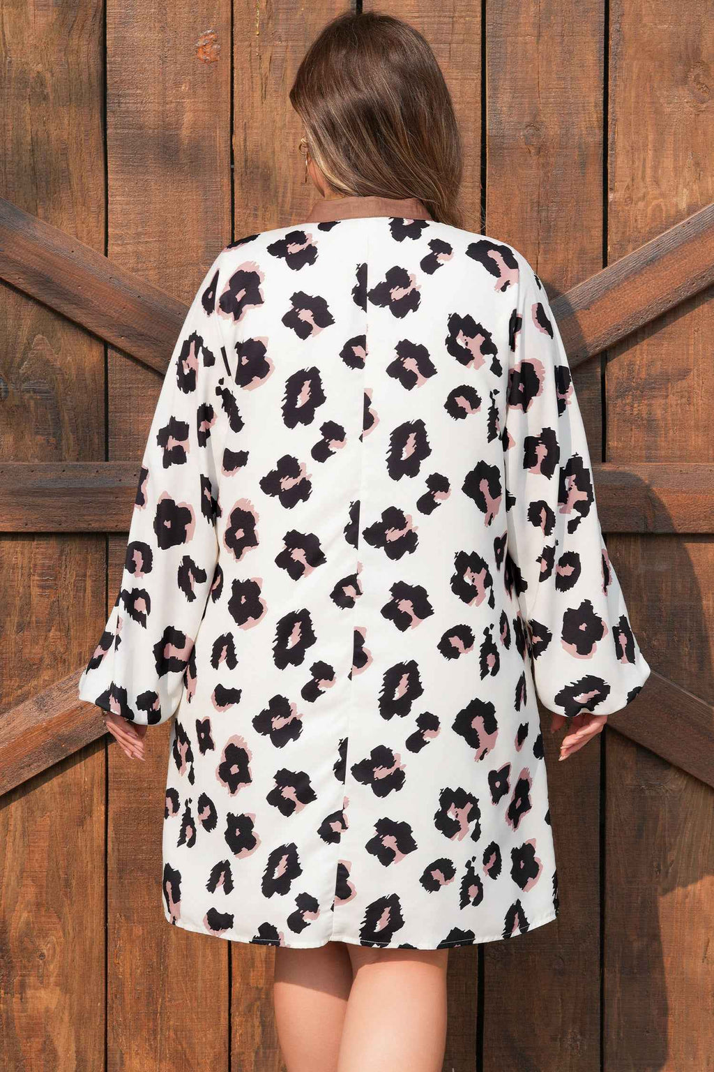 Khaki Leopard Print Contrast V Neck Plus Size Shift Mini Dress