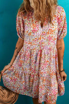 Red Floral Puff Sleeve Notched V Neck Tiered Mini Dress