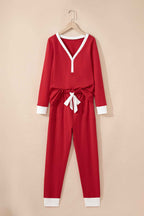 Fiery Red Contrast Trim Button V Neck Ribbon Bow Knot Waist 2pcs Lounge Pant Set