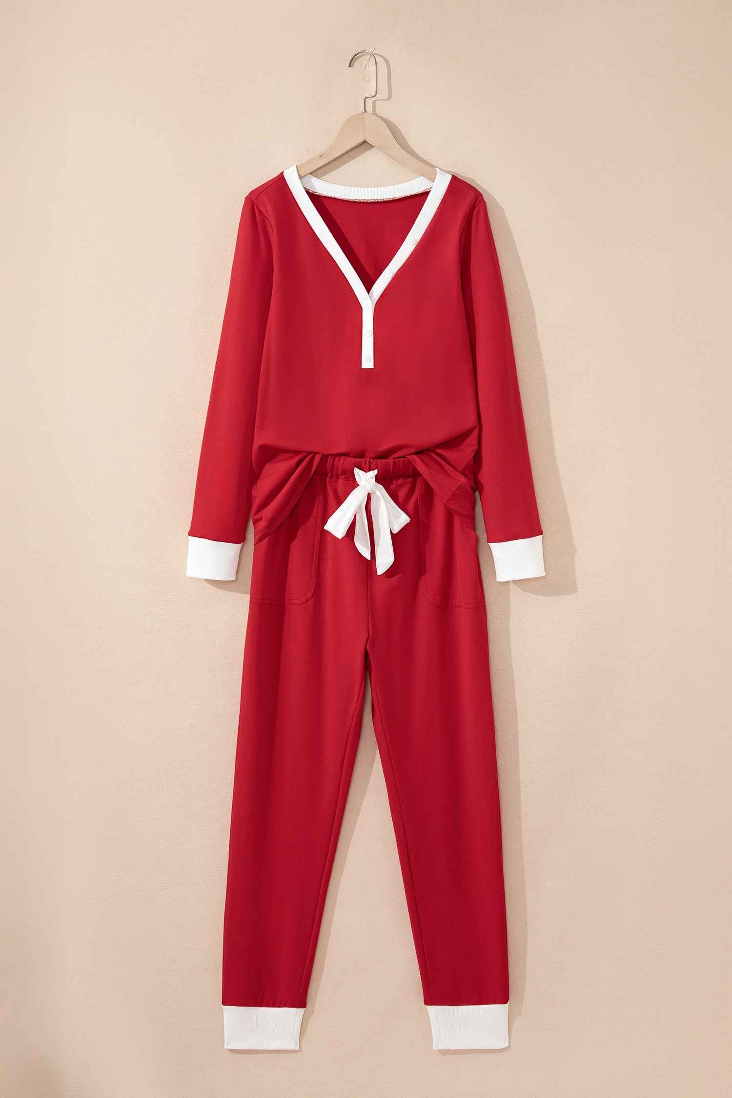 Fiery Red Contrast Trim Button V Neck Ribbon Bow Knot Waist 2pcs Lounge Pant Set