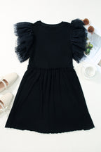 Black Dotty Mesh Ruffle Sleeve Ribbed Knit Babydoll Mini Dress