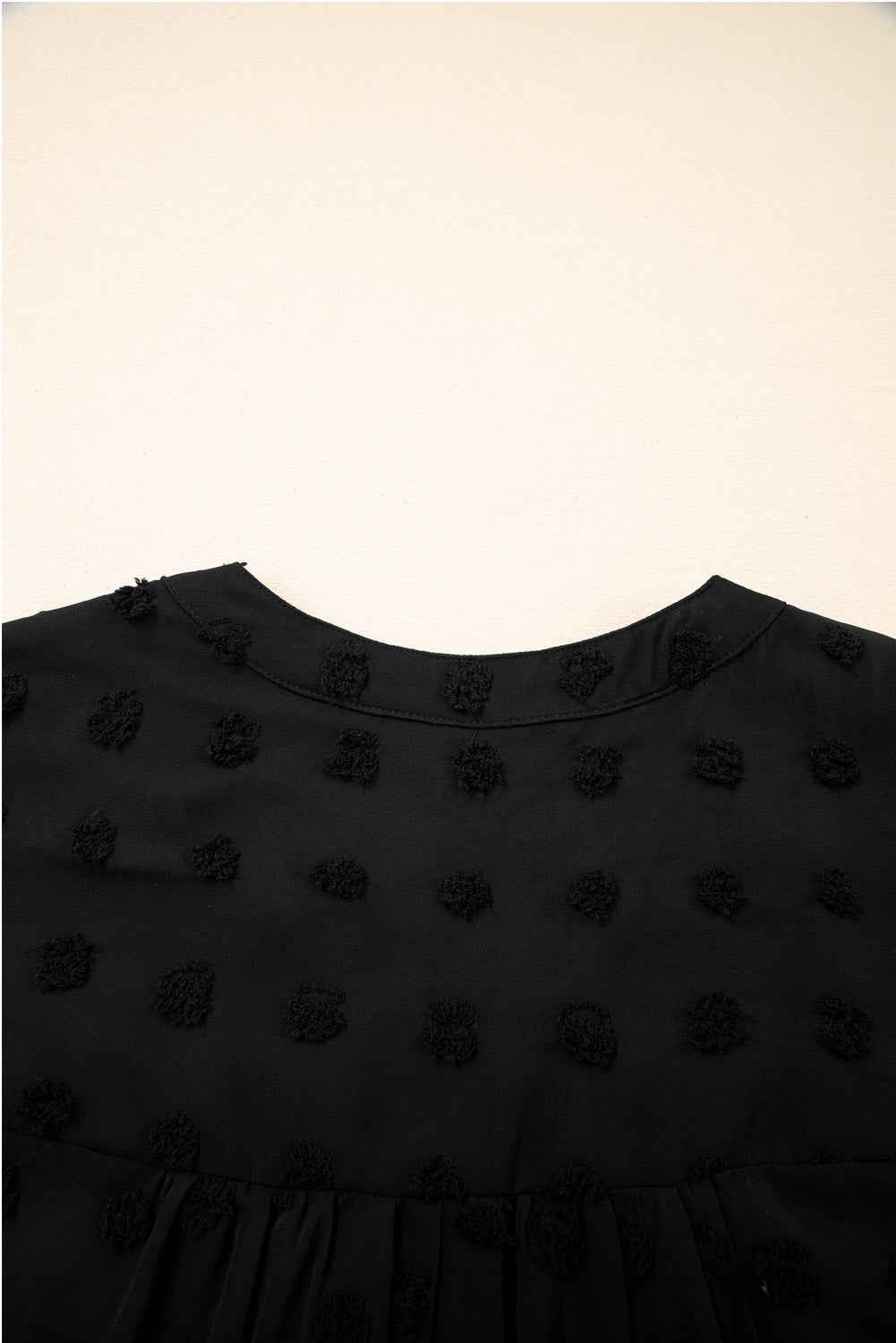 Black Dotty Textured Notched Neck Plus Ruffled Dress