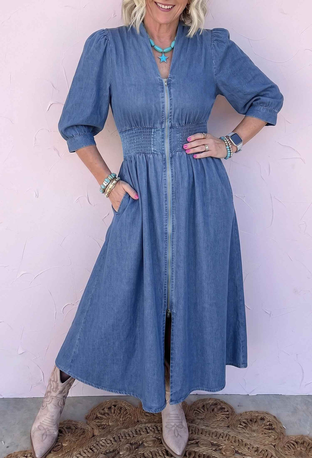 Blue V Neck Shirred Waist Metal Zipper Denim Midi Dress