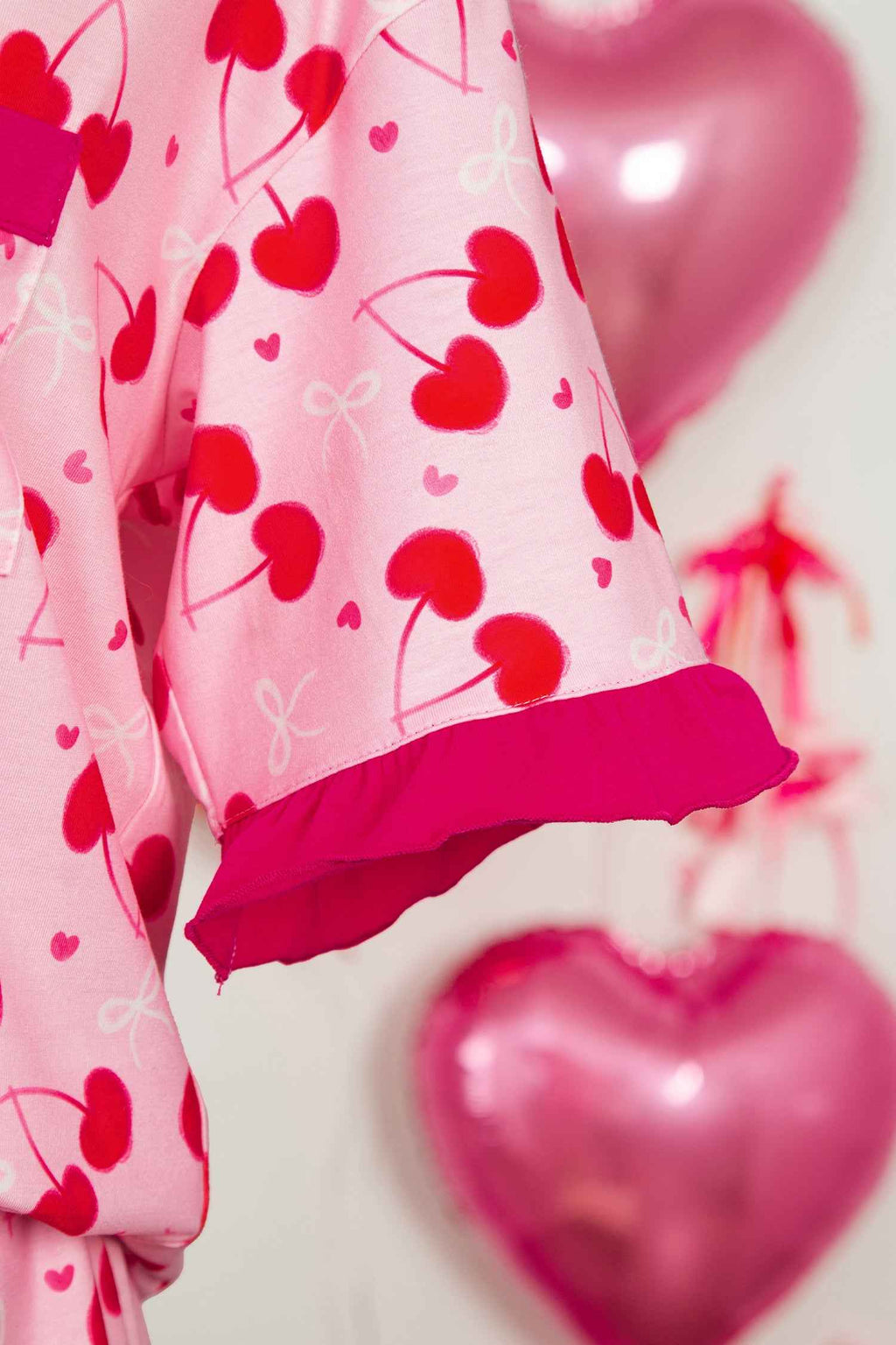 Rose Cherry Bow Mixed Print Scalloped Edge Short Pajama Set