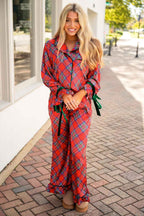 Fiery Red Christmas Plaid Satin Pajama Set with Contrast Velvet Ties