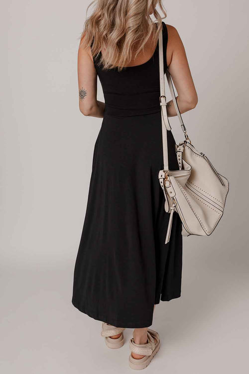 Black Sleeveless Scoop Neck Flared Split Midi Dress