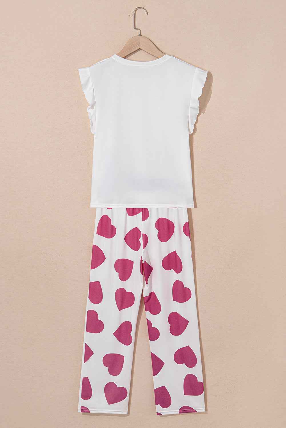 Pink Ruffled Tank Top And Heart Print Pants Lounge Set