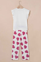 Pink Ruffled Tank Top And Heart Print Pants Lounge Set