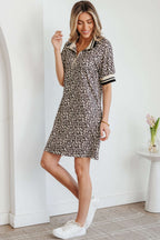Khaki Leopard Print Zip Neck Striped Webbing Patchwork T Shirt Mini Dress