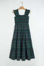 Green Plaid Ruffle Sleeveless Shirred Bodice Tiered Midi Dress