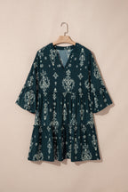 Red Boho Floral Print Lettuce Trim 3/4 Sleeve Mini Dress
