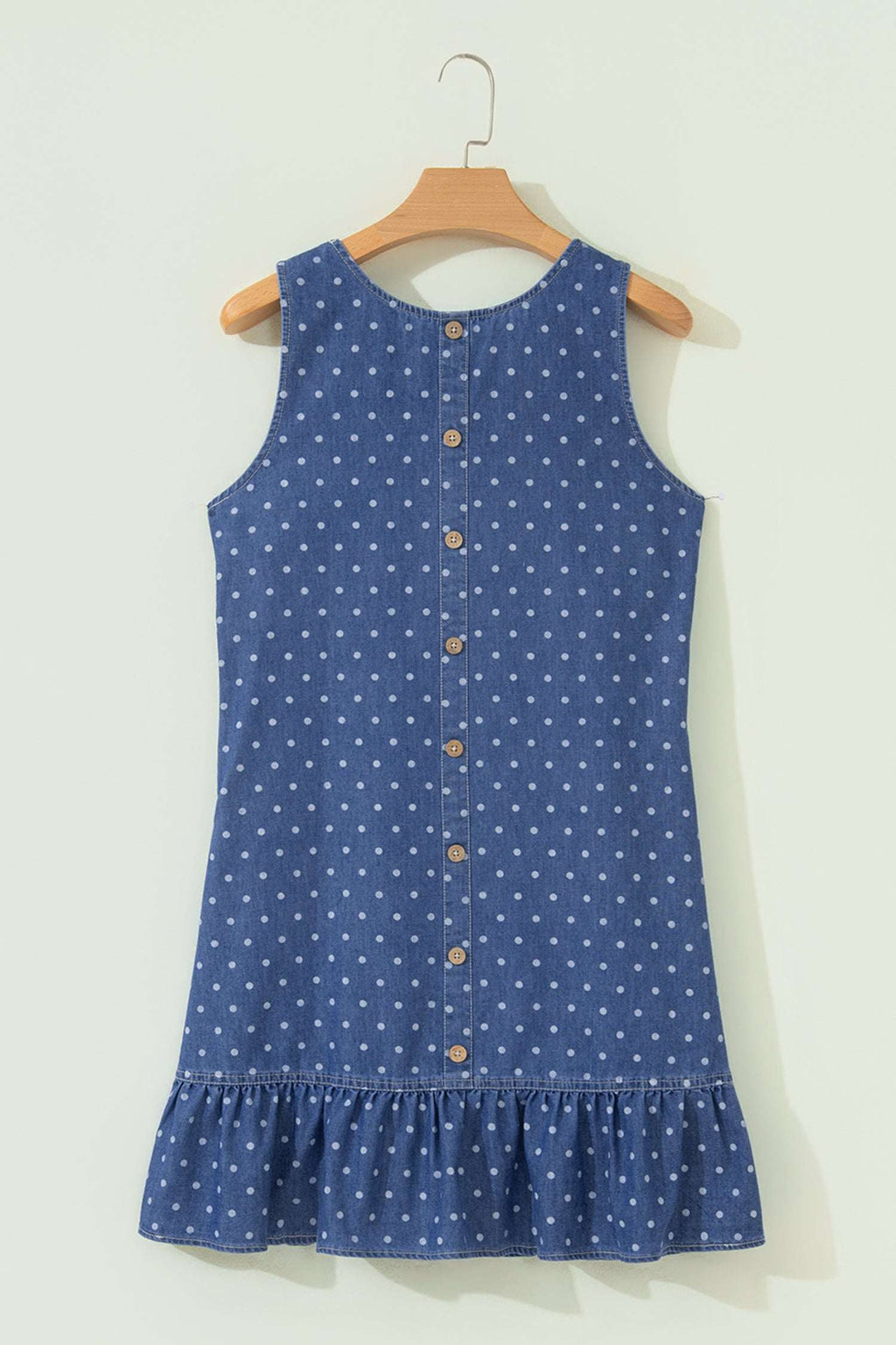 Blue Polka Dot Ruffle Hem Sleeveless Denim Mini Dress