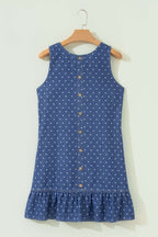 Blue Polka Dot Ruffle Hem Sleeveless Denim Mini Dress