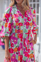 Rose Vibrant Floral Print V Neck Zip Up Puffy Half Sleeve Dress