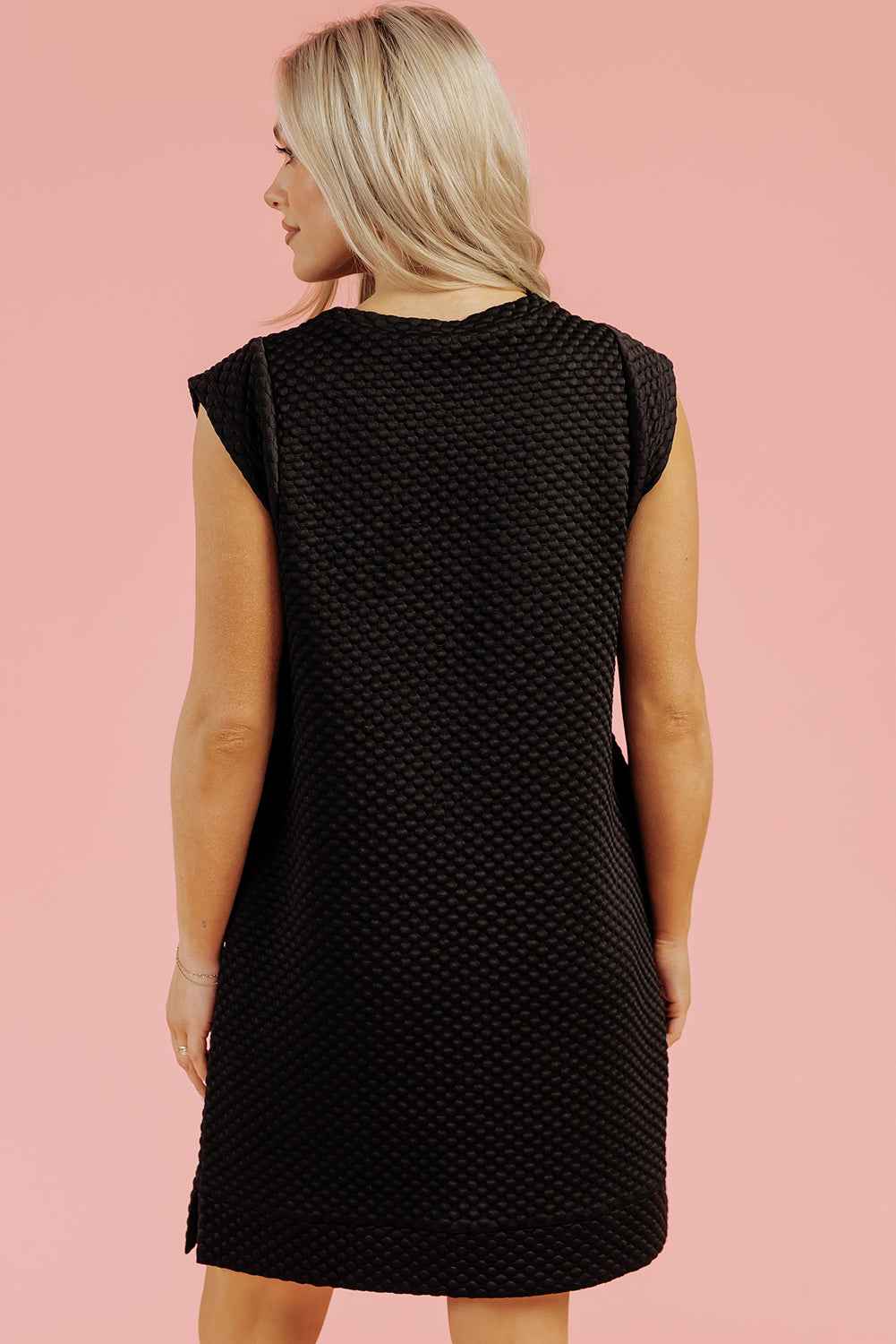 Black Textured Cap Sleeve T-shirt Shift Mini Dress