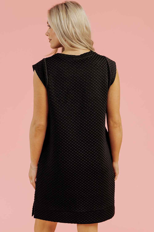 Black Textured Cap Sleeve T-shirt Shift Mini Dress