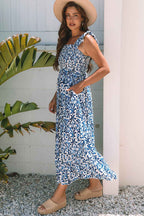 Sky Blue Boho Print Smocked High Waist Maxi Dress
