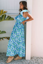 Pink Floral Print Square Neck Ruffled Strap Maxi Dress