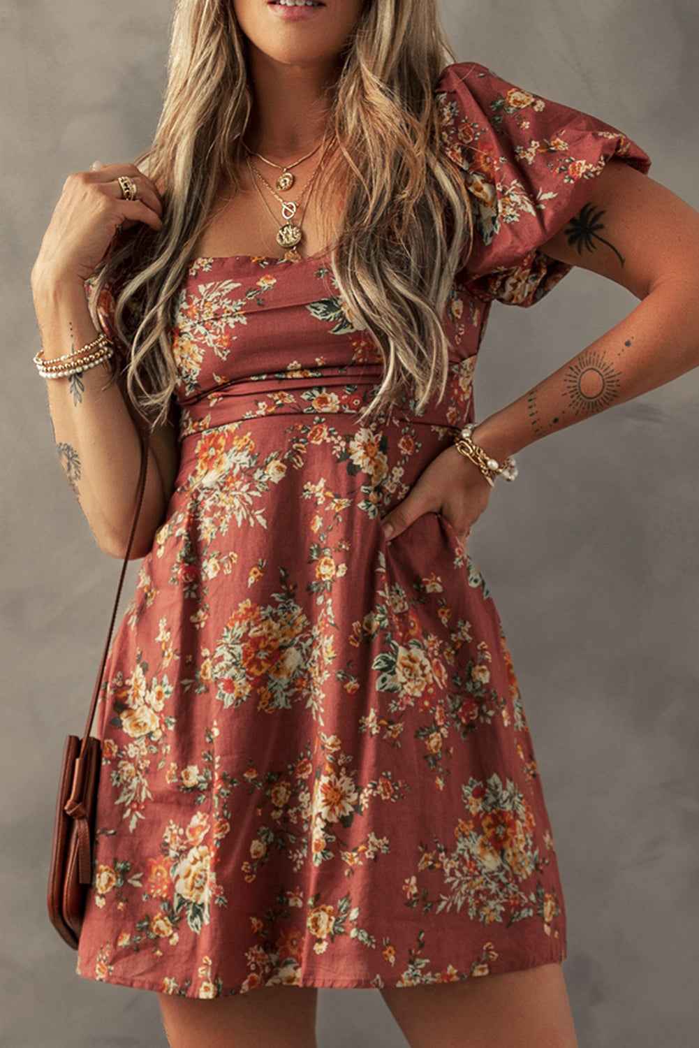 Red Floral Puff Sleeve Square Neck Knot Open Back Mini Dress