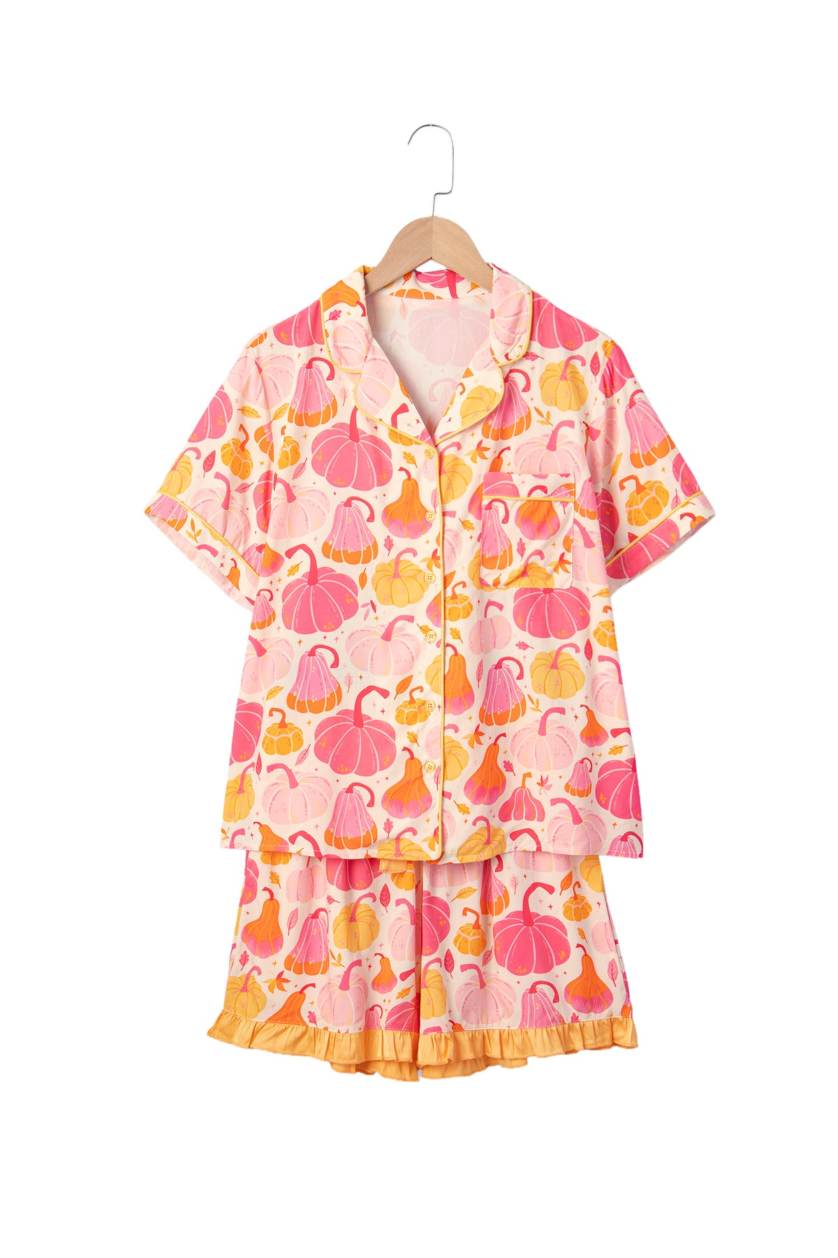 Pink Short Sleeve Pumpkin Print Pocket Placket Shell Button Lounge Set - MuseLover
