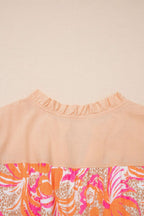 Rose Floral Print Color Block Ruffled Short Sleeve Flared Midi Dress