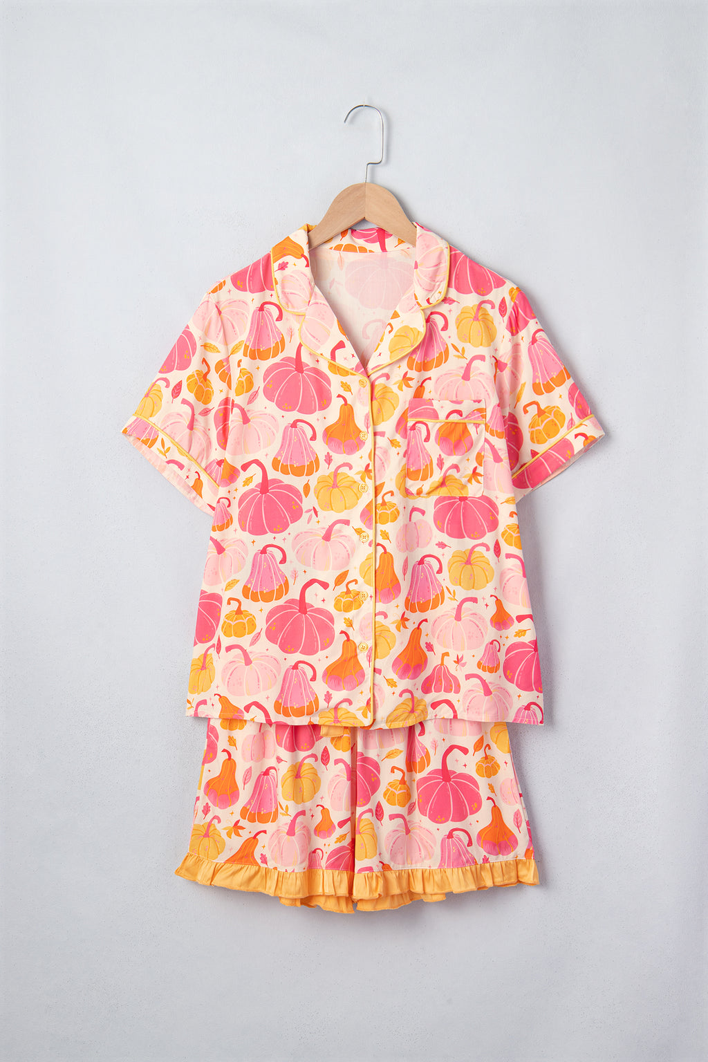 Pink Short Sleeve Pumpkin Print Pocket Placket Shell Button Lounge Set - MuseLover