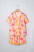 Pink Short Sleeve Pumpkin Print Pocket Placket Shell Button Lounge Set - MuseLover