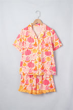 Pink Short Sleeve Pumpkin Print Pocket Placket Shell Button Lounge Set - MuseLover