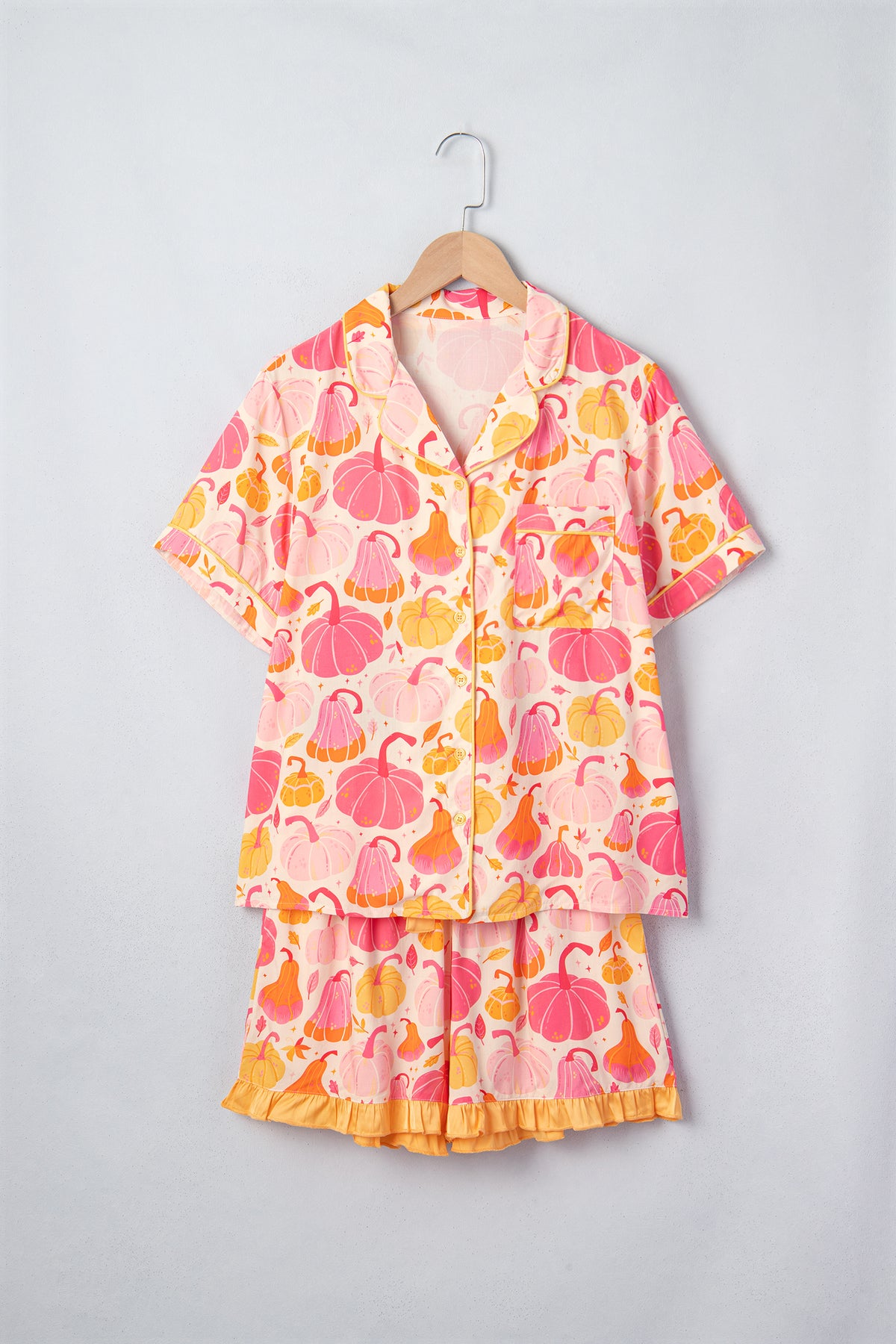 Pink Short Sleeve Pumpkin Print Pocket Placket Shell Button Lounge Set - MuseLover