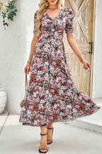 Brown Mesh Leopard Floral Reversible V Neck Short Sleeve Dress