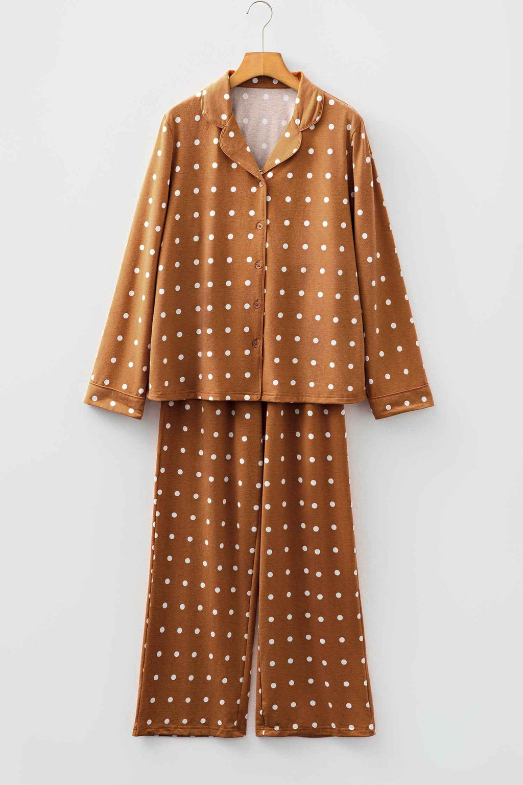 Brown Polka Dot Print Long Sleeve Shirt Pant 2pcs Pajama Set