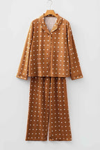 Brown Polka Dot Print Long Sleeve Shirt Pant 2pcs Pajama Set