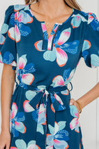 Blue Floral Print Short Puff Sleeve Ruffle Hem Belted Long Dress