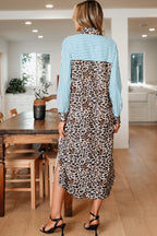 Brown Stripe Contrast Leopard Patchwork Long Shirt Dress with Slits