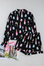 Color black Christmas Wine Glass Print Bow Knot Two Piece Pajama Set