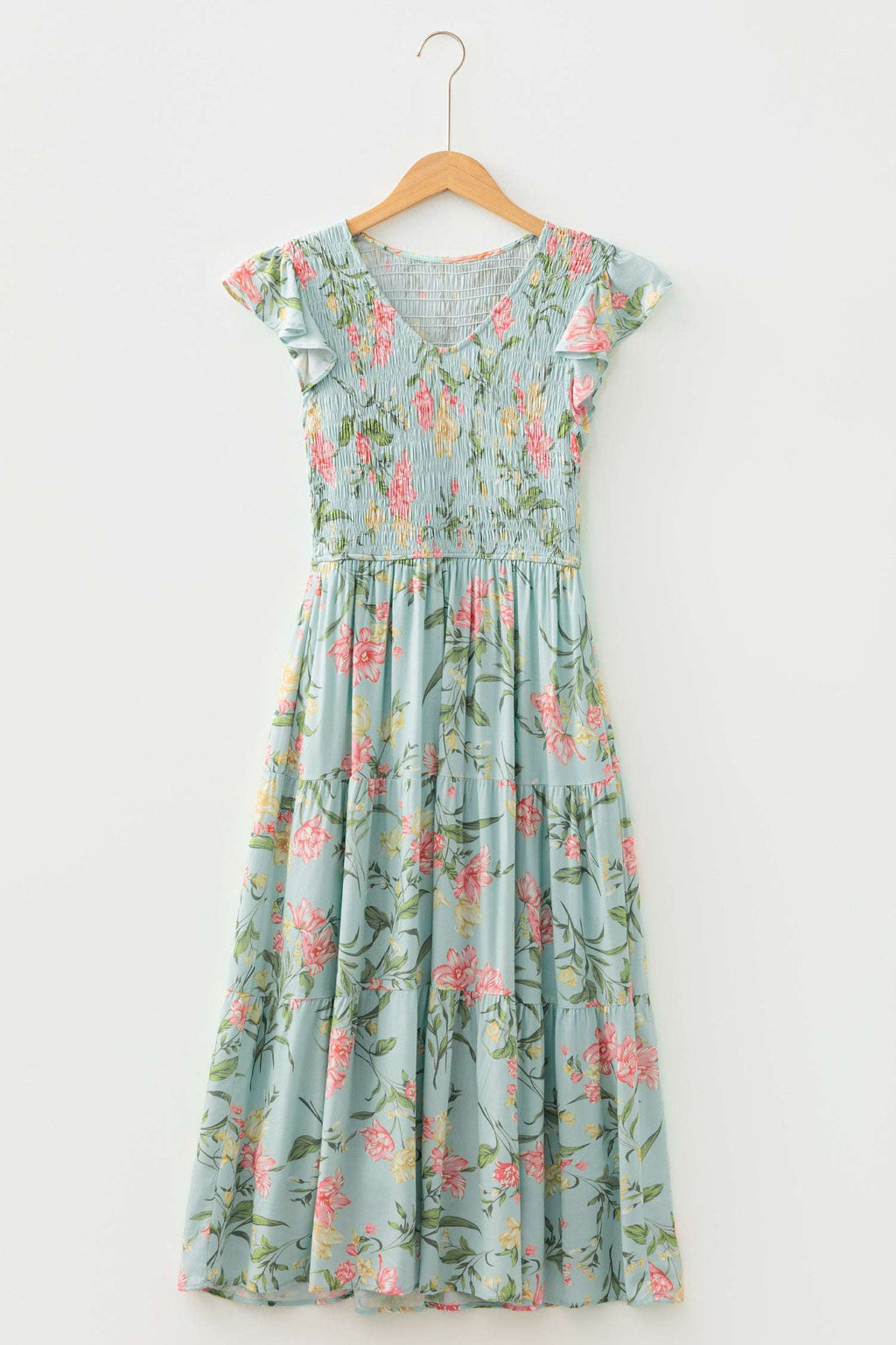 Yellow Smocked Bodice Ruffled Sleeveless Tiered Floral Maxi Dress