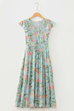 Yellow Smocked Bodice Ruffled Sleeveless Tiered Floral Maxi Dress