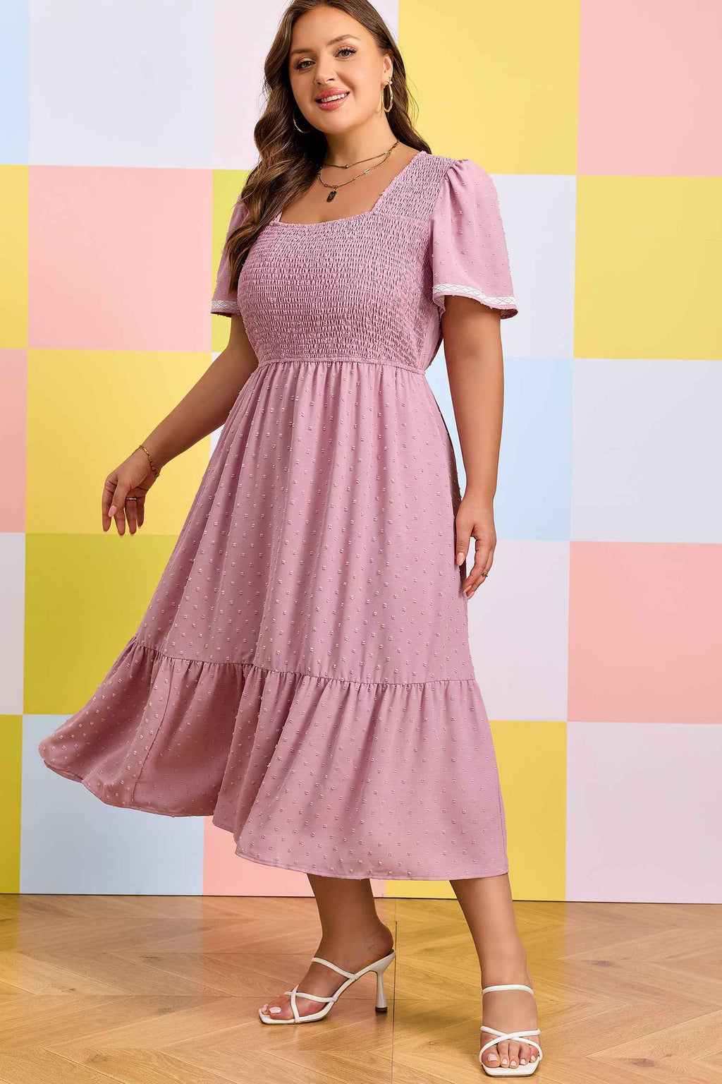 Pink Plus Size Swiss Dot Short Sleeve Smocked High Waist Flowy Midi Dress