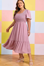Pink Plus Size Swiss Dot Short Sleeve Smocked High Waist Flowy Midi Dress
