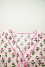 Pink Floral Print V Neck Scallop Trim Button Front Short Sleeve Long Dress