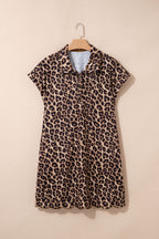Khaki Buttoned Collar Short Sleeve Shift Leopard Dress with Pockets