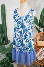 Sky Blue Floral Print U Neck Sleeveless Striped Ruffle Hem Patchwork Dress