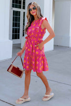 Rose Double Polka Dot V Neck Ruffled Short Sleeve Dress