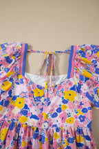 Multicolour Floral Print Flutter Sleeve Striped Trim Square Neck Loose Mini Dress