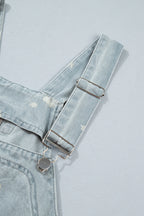 Sky Blue Retro Wash Denim Floral Print Overall Mini Dress
