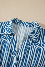 Blue Geometric Print Short Sleeve Drawstring Shirt Collar Dress