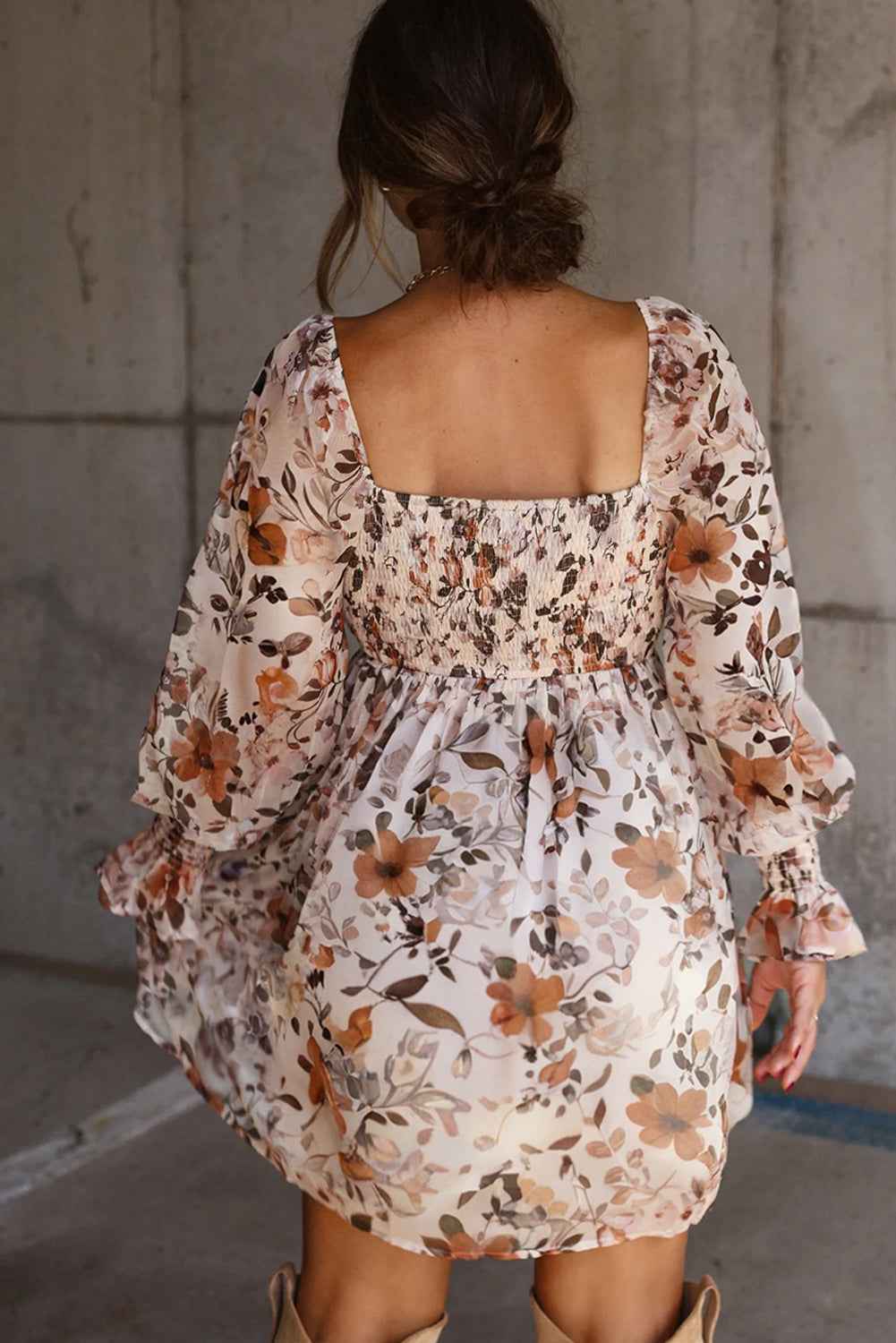 White Floral Print Sweetheart Neck Long Sleeve High Waist Mini Dress